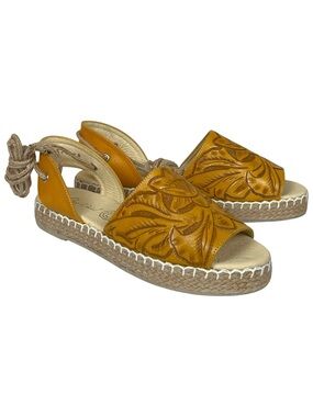 Alexis David Hand Tooled Artisan Leather Espadrille Sandals - 8 - Yellow, Tan